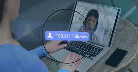 Woman working remotely on laptop video-calling child while gaining 159,611 followers overlay