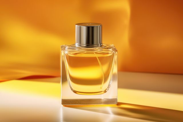 Rectangular glass perfume bottle in sunlight by yellow wall, created using generative ai technology. Scent, fragrances and luxury goods concept digitally generated image.