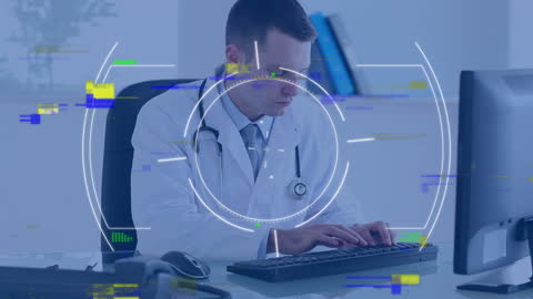 Focused Doctor Using Computer with Digital Interface Overlay
