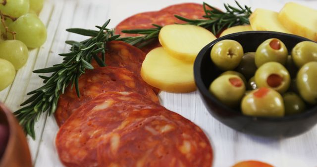 Mediterranean Appetizer Spread with Chorizo, Cheese, Olives, and Grapes - Download Free Stock Images Pikwizard.com