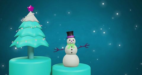 Festive Snowman and Christmas Tree Background with Falling Snowflakes