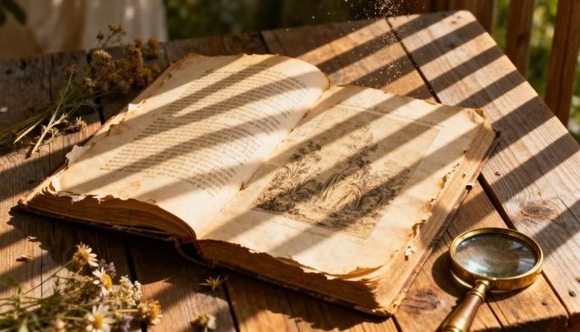 Antique Botanical Book Lying on Sunlit Porch Table with Magnifying Glass and Daisies