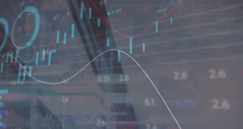Abstract Financial Data and Chinese Flag Overlay on Cityscape