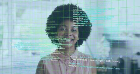 Smiling professional woman wearing pale pink blouse with holographic code grid