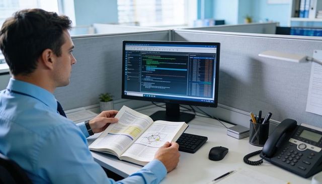 It professional reading technical manual while debugging code at cubicle workstation