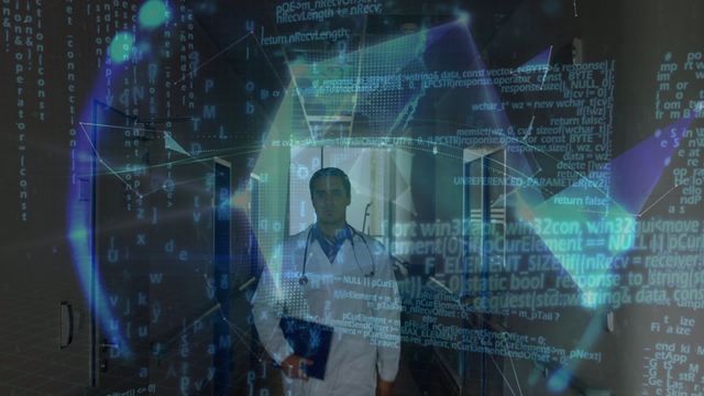 A doctor walking under layers of data projections like code and graphs in a corridor, symbolizes the intersection of healthcare and modern technology. Useful for illustrating advancements in medical technology, digital transformation in healthcare settings, or articles discussing the future of medical data and information processing.