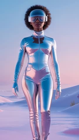 Futuristic explorer walking on pastel dunes at dawn in mirrored metallic suit with visor