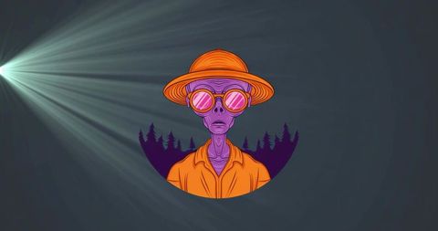 Surreal alien with vibrant sunglasses in mysterious forest