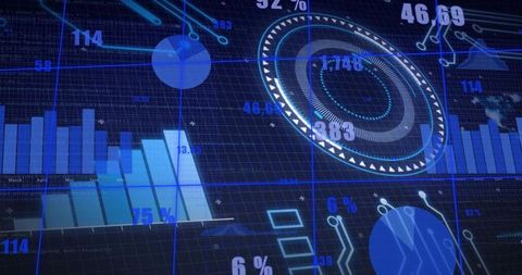 Pulsing Radial Gauge Highlighting Numeric Readouts on Neon Data Dashboard with Bar Charts