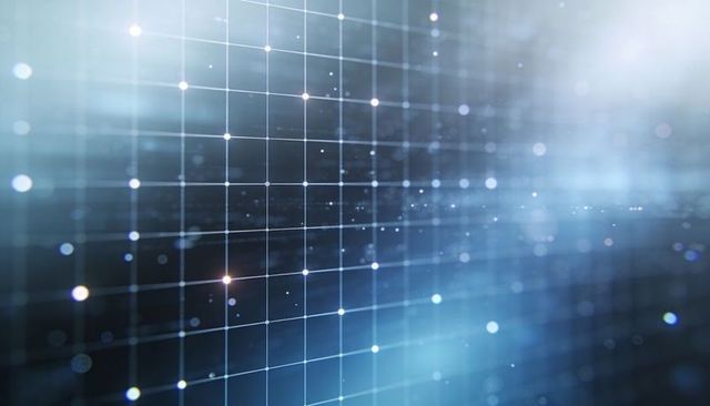 Futuristic Glowing 3D Grid Network with Pulsing Data Nodes and Soft Bokeh Depth