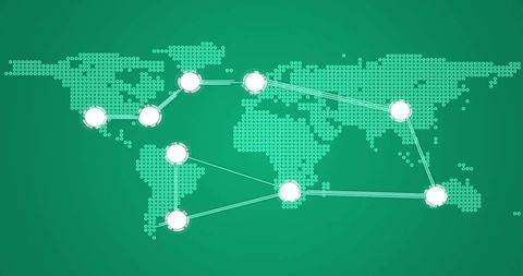 Global network connections on world map green background