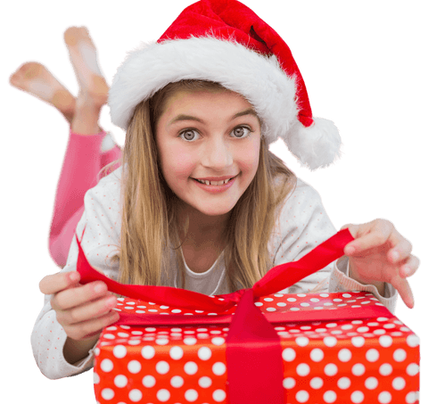 Cheerful Girl with Christmas Gift Wearing Santa Hat on Transparent Background