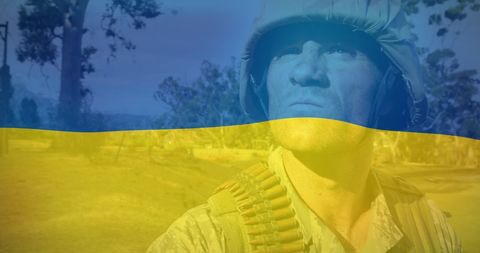 Caucasian Soldier Outdoors Wearing Combat Gear Overlay with Ukraine Flag Colors - Download Free Stock Images Pikwizard.com
