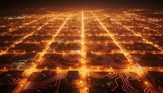 Futuristic urban grid with glowing circuit traces at night, aerial view of tech-driven cityscape