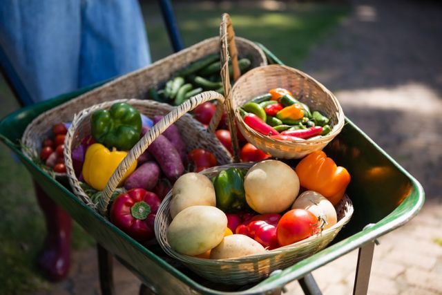 Close-up of various fresh vegetables in wheelbarrow