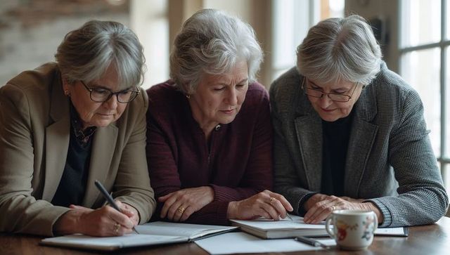 Senior women collaborating and writing notes together at wooden table in natural daylight