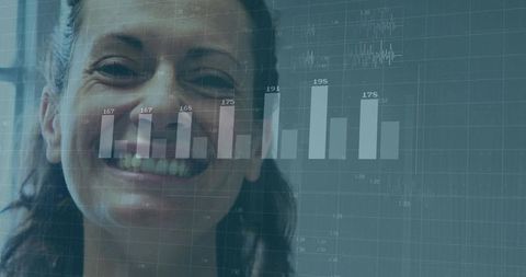 Smiling Woman Overlaid with Bar Chart and Digital Analytics