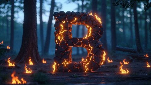 Stone letter b with fiery glow in mystical forest