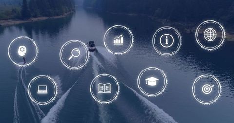 Motorboat gliding leaving triple wake with wakeboarder on misty forest lake with ui icons