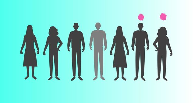 Silhouettes of people with red circles symbolizing a virus on a blue gradient background convey a strong message about the spread and impact of illnesses like COVID-19. Such an image effectively communicates public health themes, a visual aid for educational, medical, and epidemiological discussions. Ideal for use in presentations, articles, or advertisements related to health regulations, prevention strategies, or scientific research.