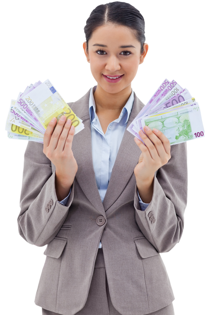 Transparent portrait smiling businesswoman holding European currency notes - Download Free Stock Videos Pikwizard.com