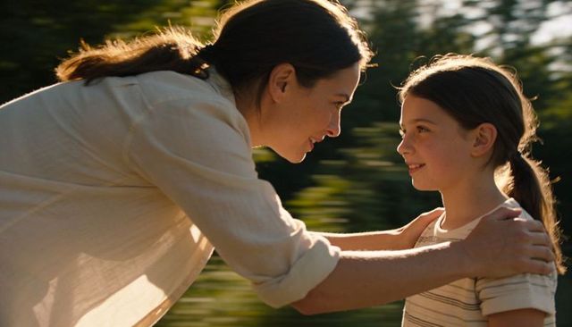 Mother leaning close holding daughter's shoulders during golden hour outdoor backlit moment