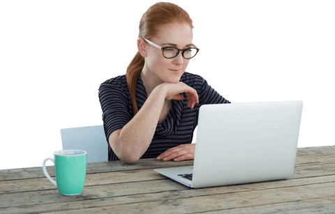 Businesswoman Working on Laptop with Mug on Table Transparent Background - Download Free Stock Videos Pikwizard.com