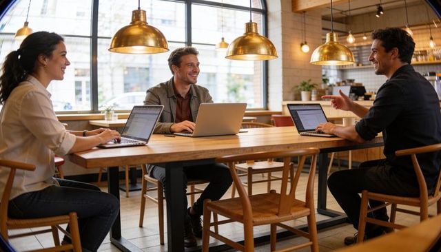 Coworkers collaborating in cafe, typing on laptops under brass pendant lights