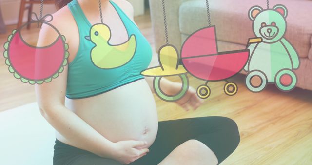 Pregnant Woman Exercising with Toy Icons Overlay at Home - Download Free Stock Images Pikwizard.com