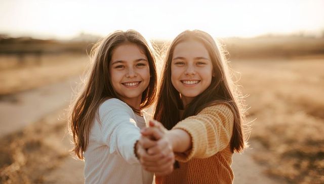 Smiling teen friends holding hands on sunlit country path during golden hour