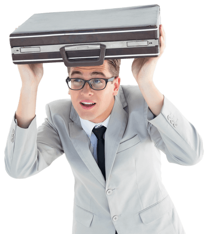 Comical Businessman Holding Briefcase Overhead Transparent Background - Download Free Stock Videos Pikwizard.com