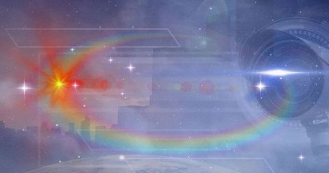 Futuristic space technology with rainbow arc and lens orbiting earth