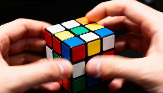 Adult hands twisting rubik's cube solving puzzle close-up vibrant stickers black backdrop