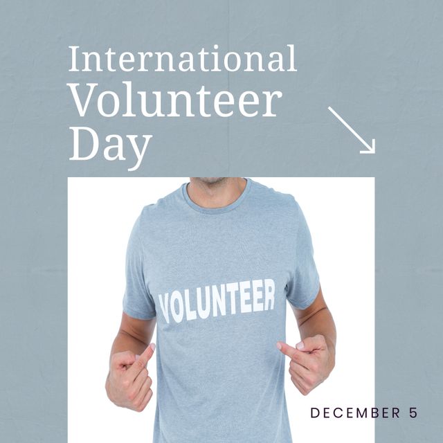 Poster design for International Volunteer Day featuring a Caucasian man wearing a volunteer t-shirt. Ideal for promoting volunteer-related events, raising awareness about volunteer work, and encouraging community participation. Useful for non-profit organizations, charity events, and social media campaigns.