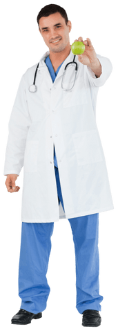Transparent doctor holding green apple promoting healthy eating