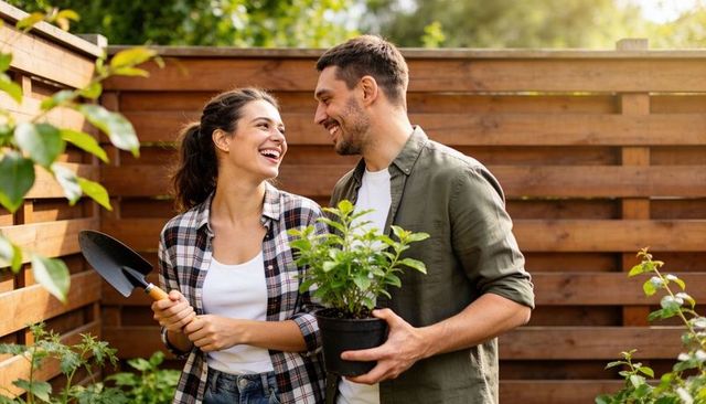 Couple gardening together in sunlit backyard holding potted plant and trowel