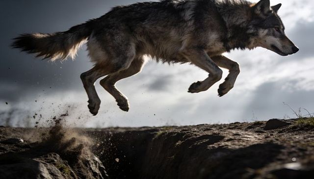 Gray wolf leaping across rocky crevice, kicking up dust and stones in dramatic flight