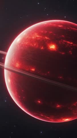 Panning Vertical Video of Ringed Red Planet Rotating with Fiery Hotspots and Starfield