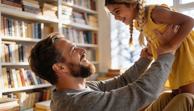 Father lifting daughter in mustard-yellow dress, smiling and bonding in cozy home library
