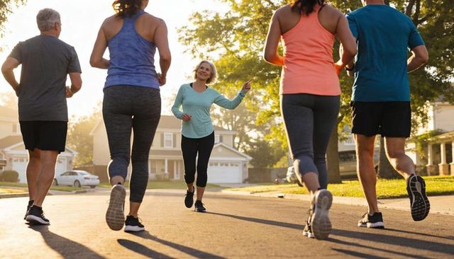 Senior woman leading group jogging on sunlit suburban street, smiling and gesturing