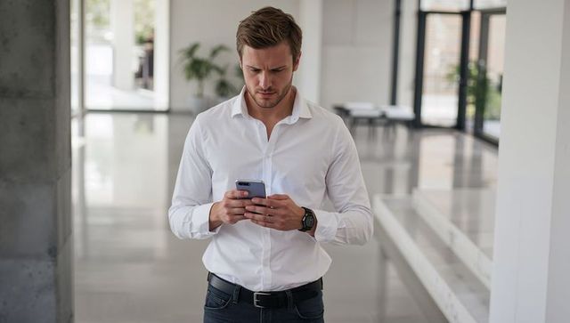 Focused executive checking smartphone in bright modern corporate lobby