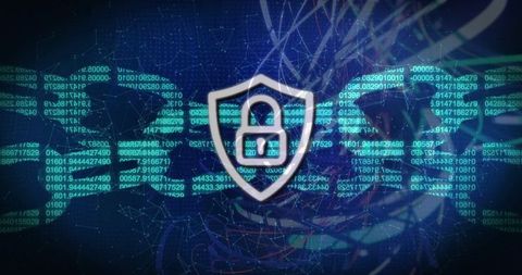 Glowing Shield Padlock Protecting Network Code Cybersecurity Neon Data Streams Defense