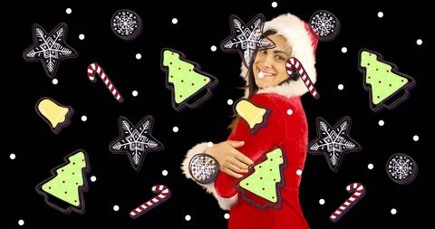 Festive Woman in Santa Hat Surrounded by Christmas Icons