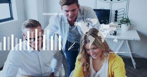 Team Collaborating Over Global Data Dashboard and Bar Charts in Modern Office