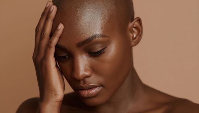 Contemplative bald woman touching temple with bare shoulders, soft studio glow, neutral backdrop