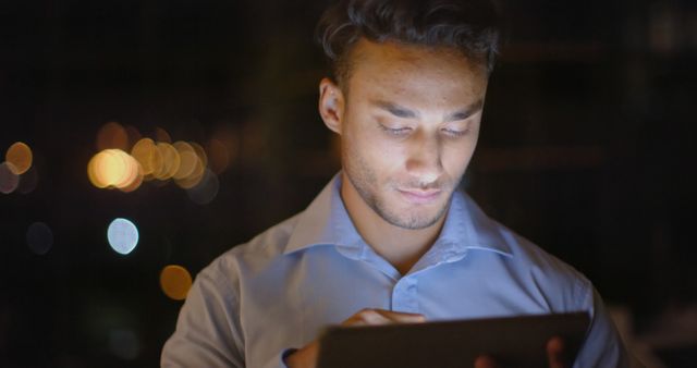 Young Man Working on Tablet at Night - Download Free Stock Images Pikwizard.com