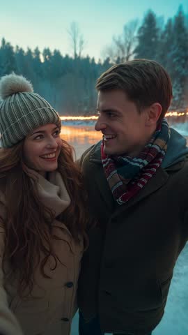 Couple Taking Selfie on Frozen Lake at Dusk with String Lights — Winter Romance Vertical Video