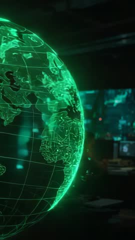 Rotating Green Wireframe Globe Showing Global Connectivity in Futuristic Tech Control Room