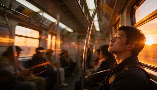 Commuter relaxing on sunset subway ride with golden light streaming through window