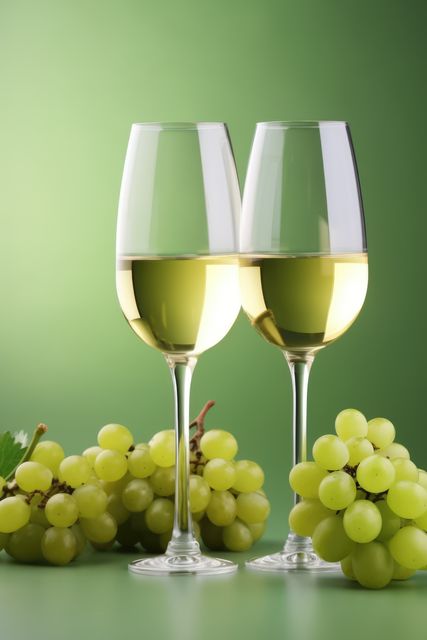 Two glasses of white wine sit next to bunches of fresh green grapes against a green background. Ideal for use in food and drink menus, wine advertisements, or celebratory event promotions. Highlights elegance and sophistication, making it perfect for upscale dining and wine tasting themes.